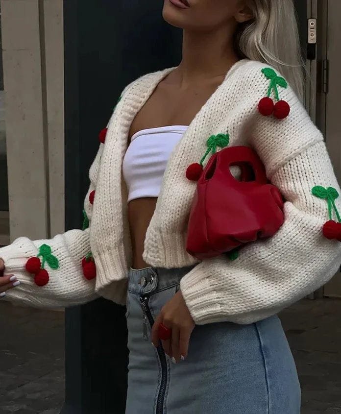 Cardigan blanc motif cerises doux