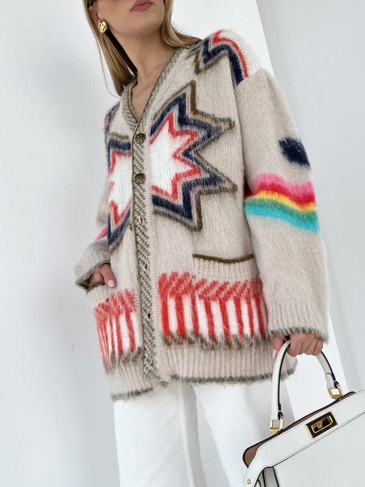 Cardigan motif étoile beige détail boutons confort