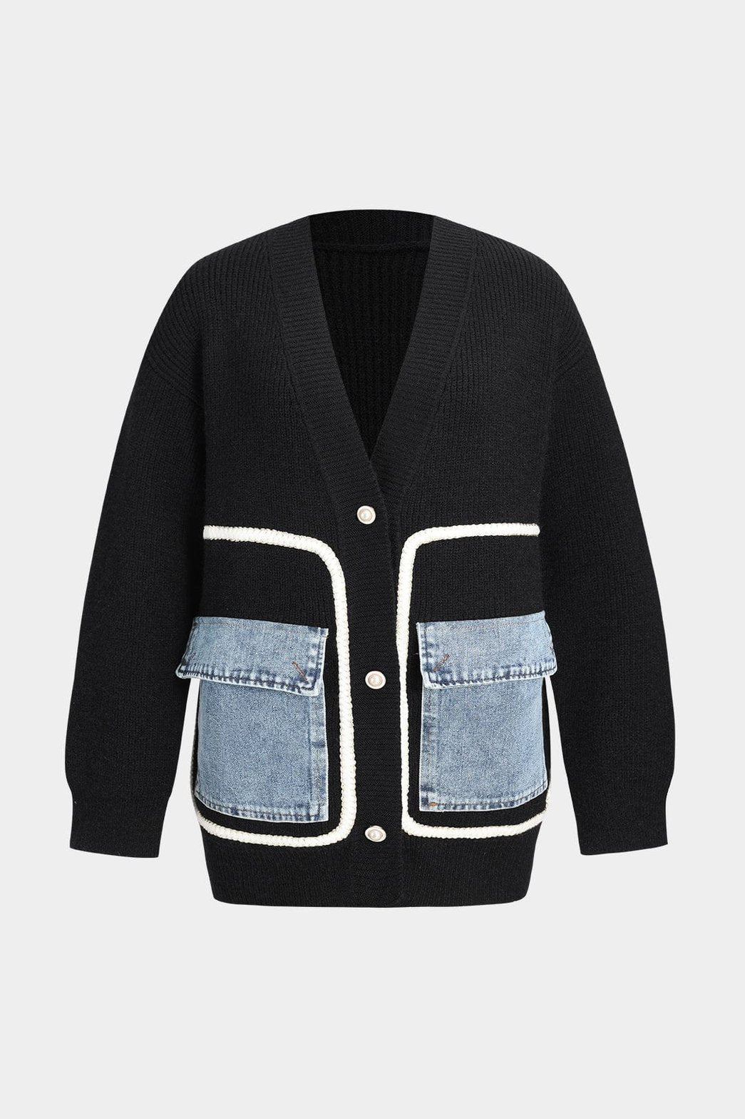 Cardigan patchwork noir et denim vue avant doux