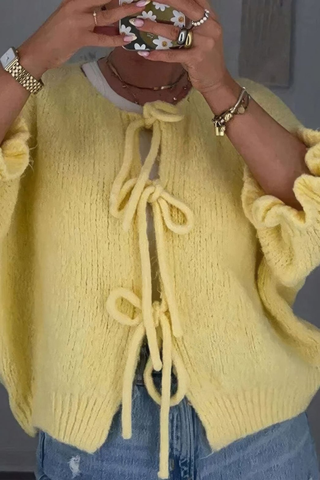 Cardigan tricoté oversize à liens jaune doux soleil