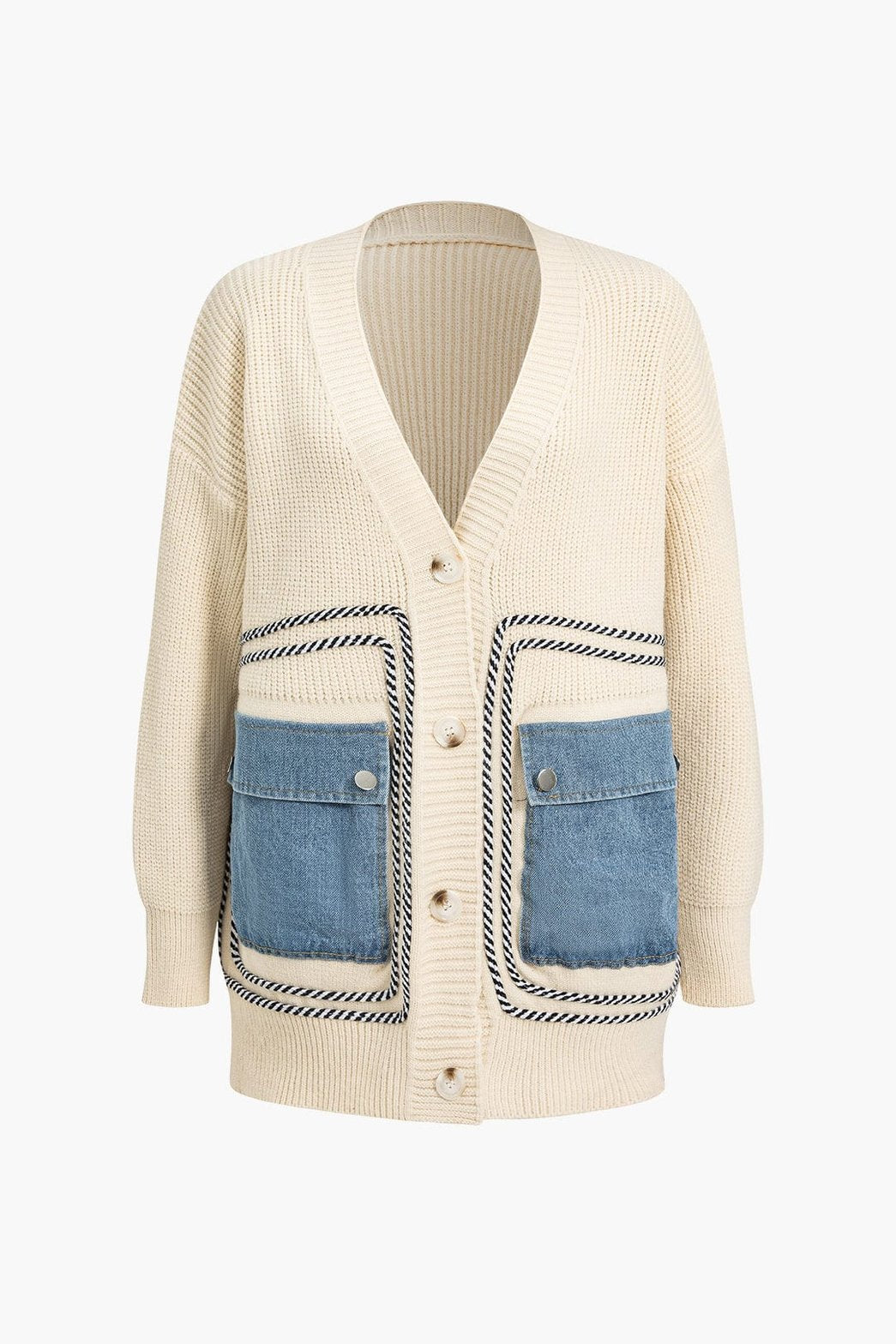 Cardigan patchwork denim beige avec poches contrastées douceur