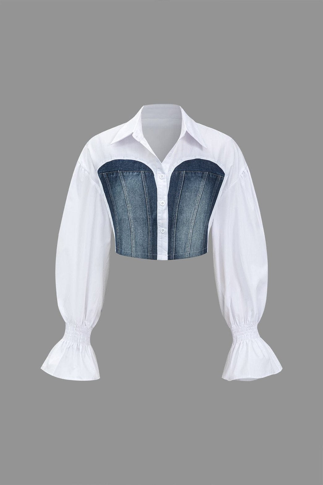 Chemise crop denim blanc manches bouffantes élégance