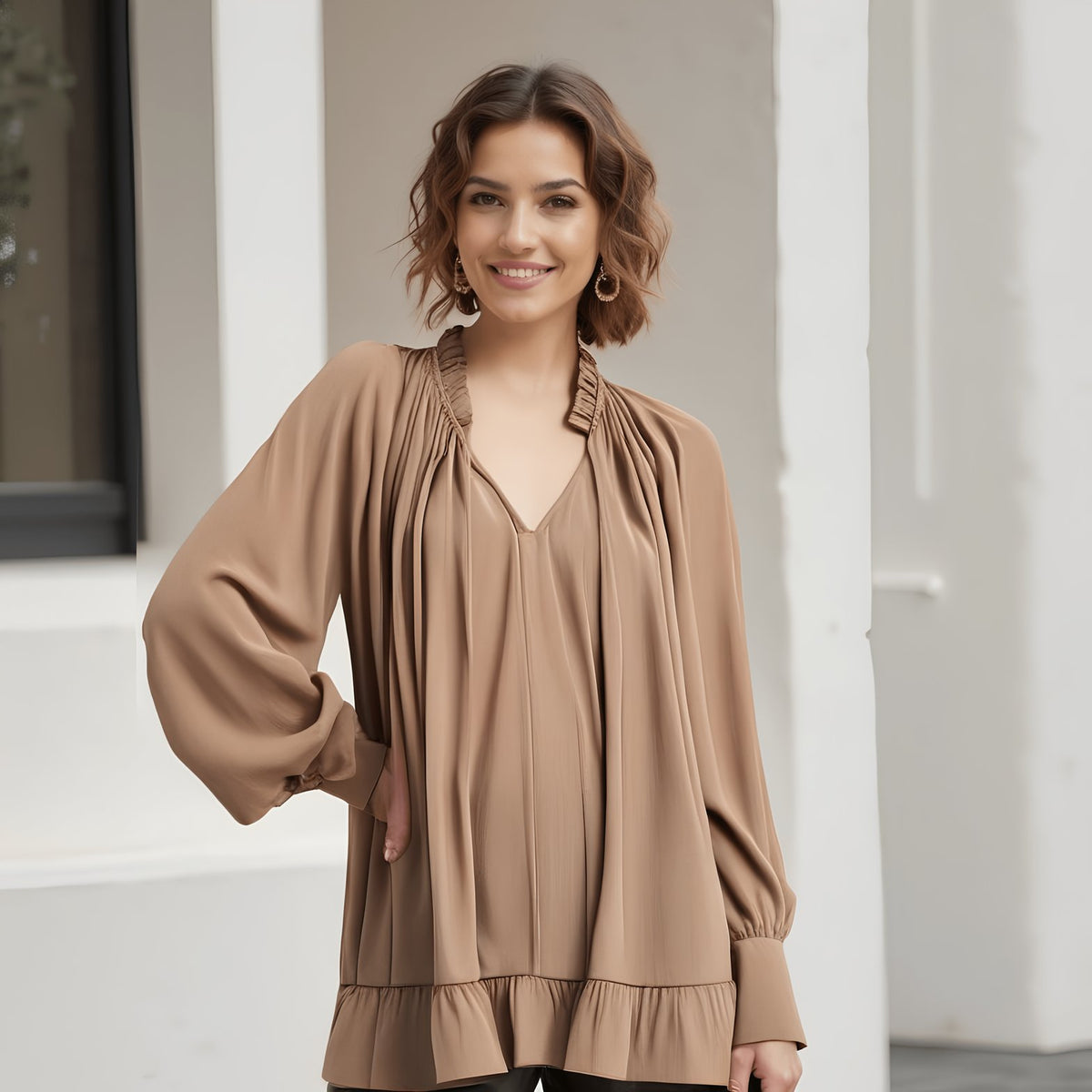 Chemisier plissé beige vue de face douceur