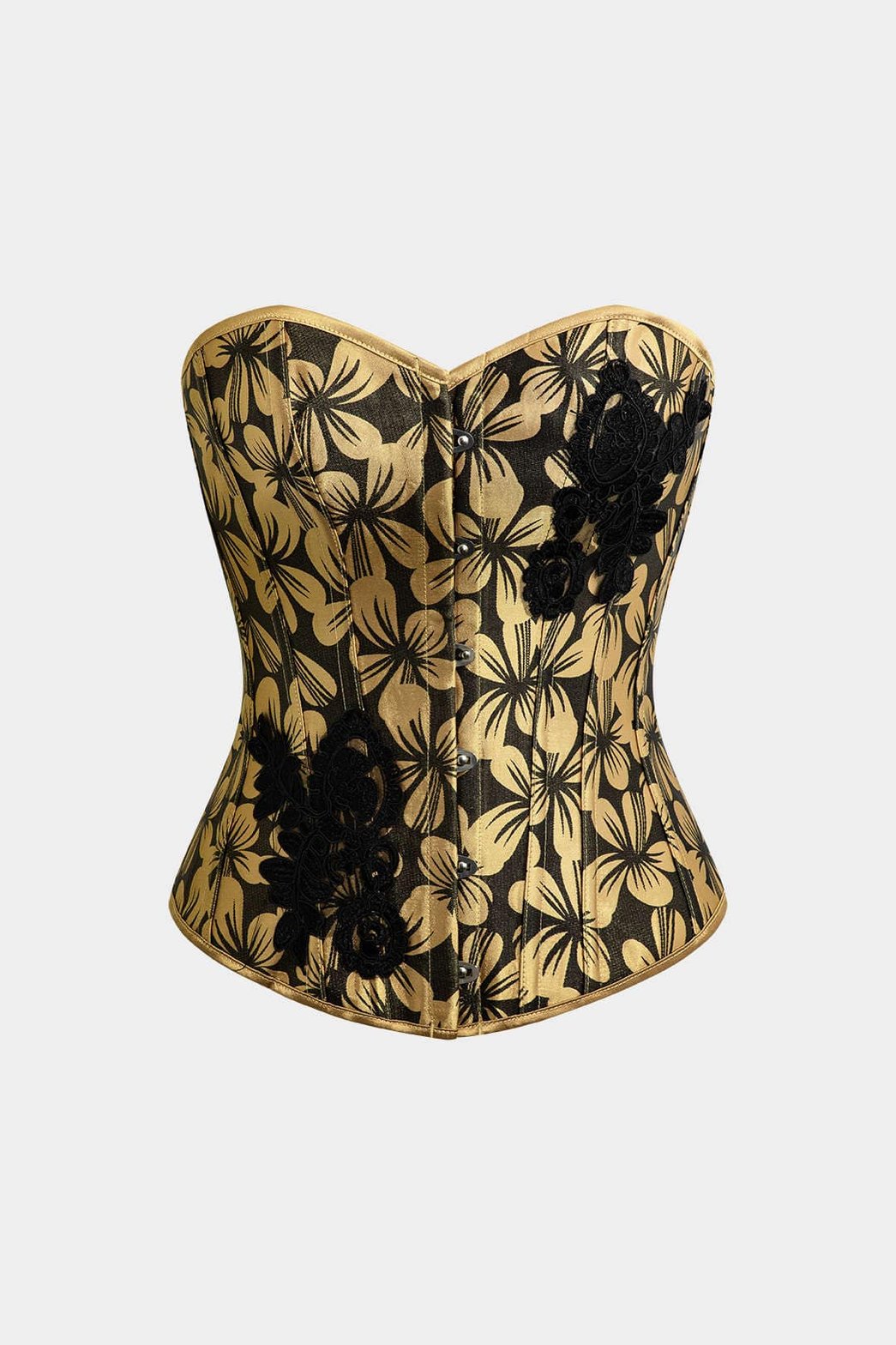 Corset floral satin or et noir soleil