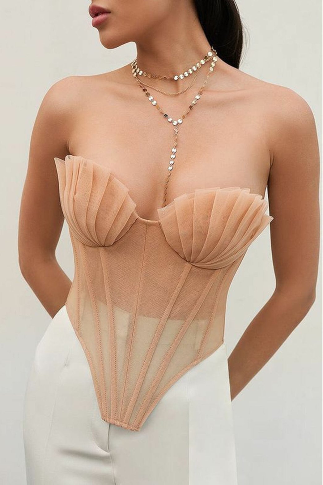 Corset nude plissé en tulle élégant doux