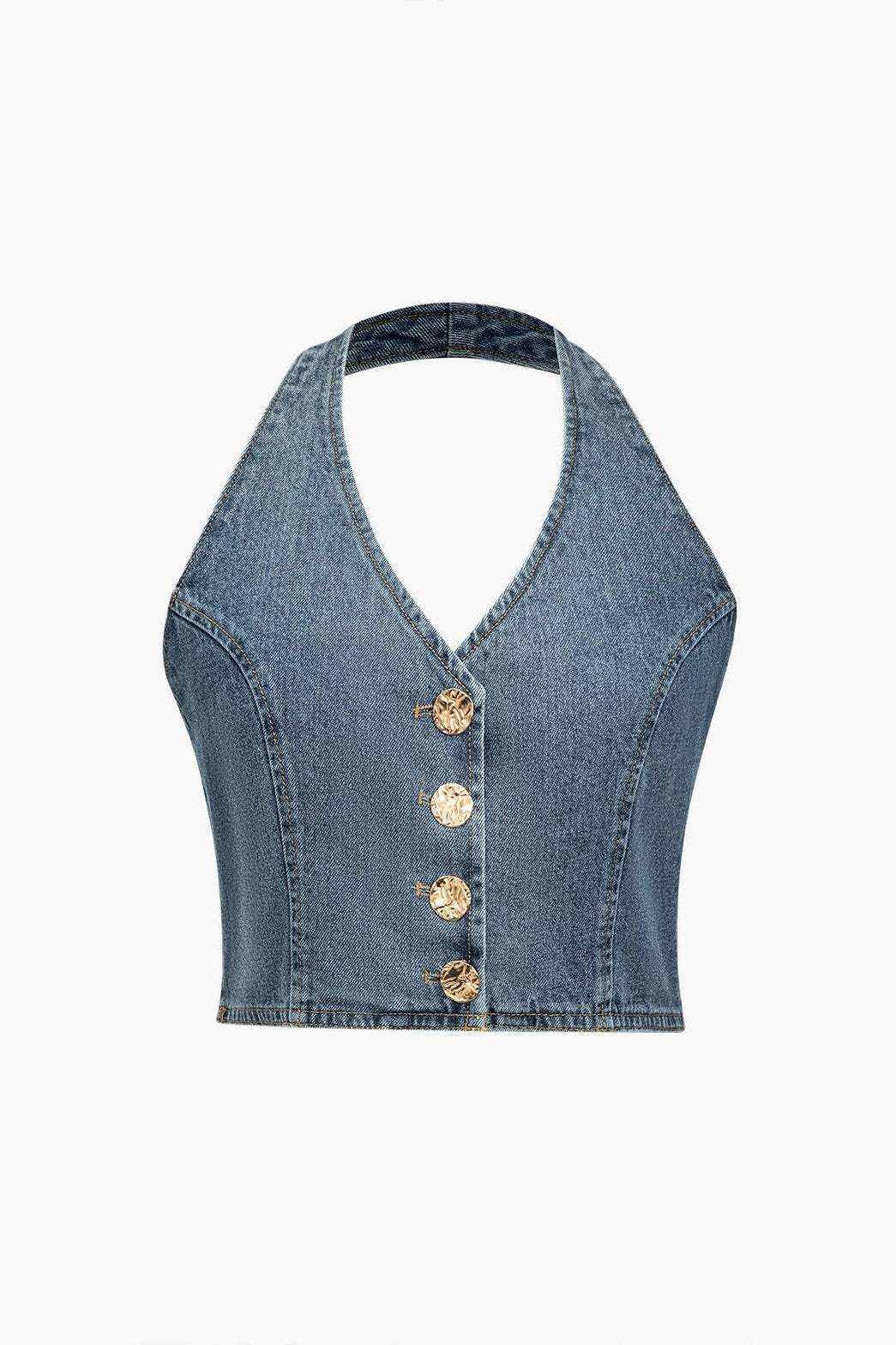 Crop top denim dos-nu avec boutons dorés soleil