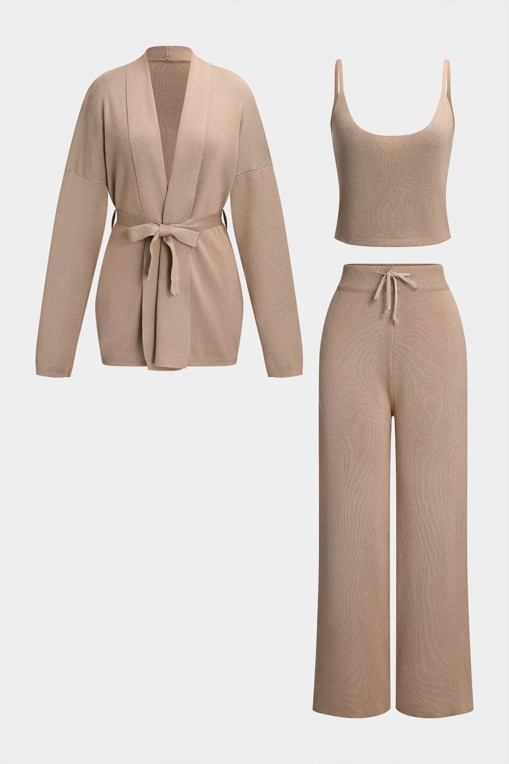 Ensemble coordonné beige avec cardigan et pantalon large douceur