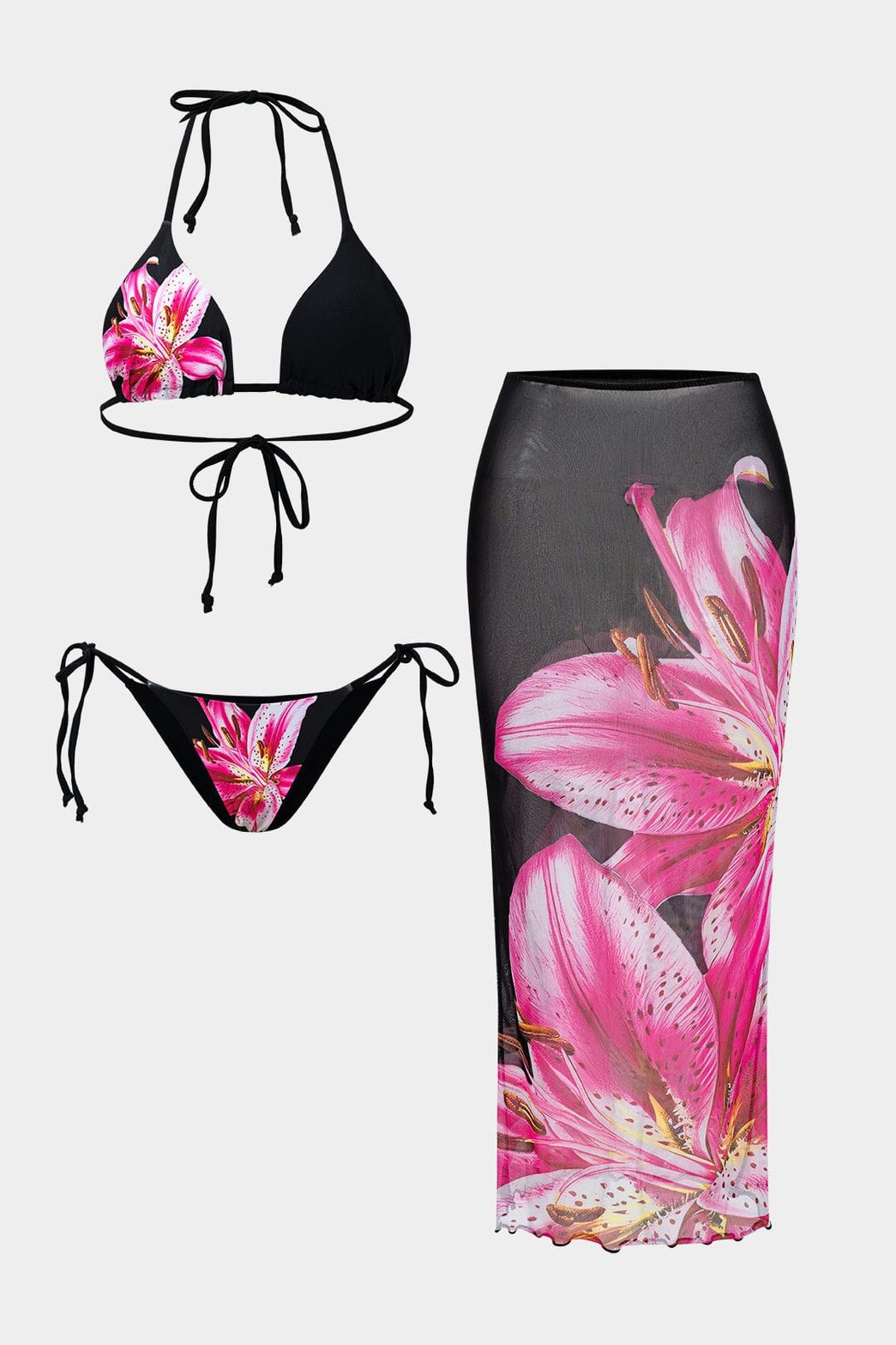 Ensemble bikini noir à motif floral rose soleil