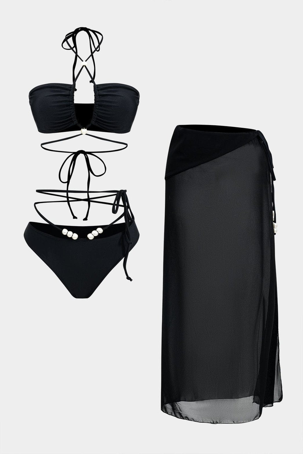 Ensemble bikini noir avec perles et robe fendue soleil