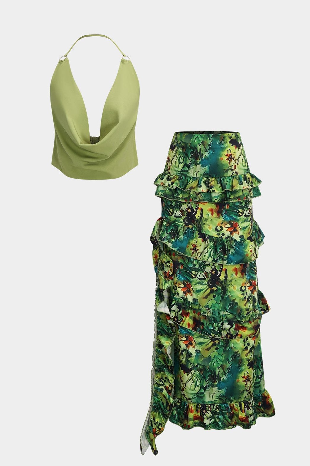Ensemble dos nu vert sauge et jupe imprimée florale - Soleil