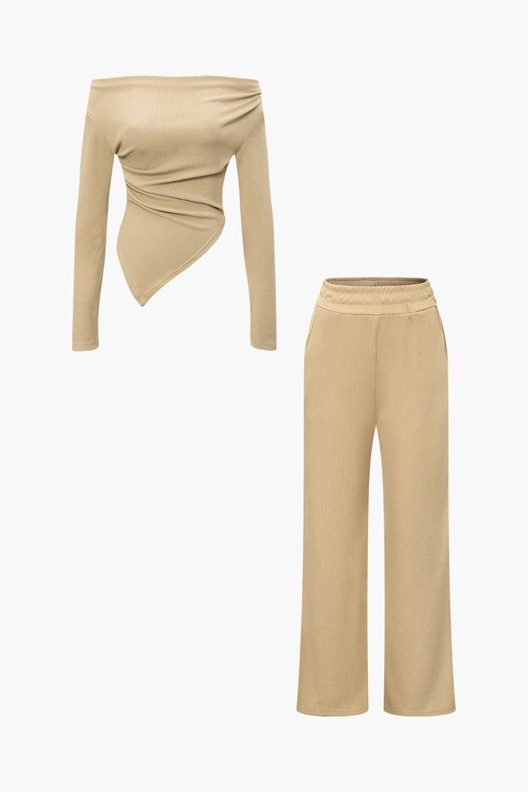 Ensemble côtelé beige asymétrique épaules dénudées douceur