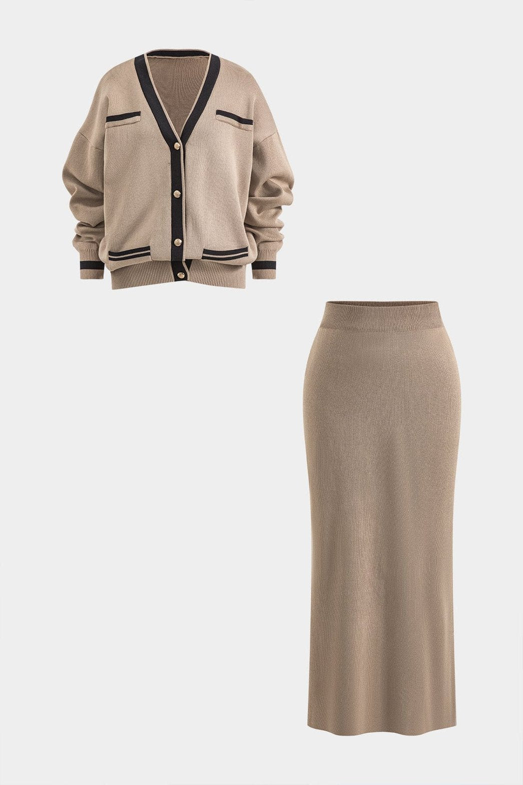 Ensemble cardigan beige et jupe longue harmonie