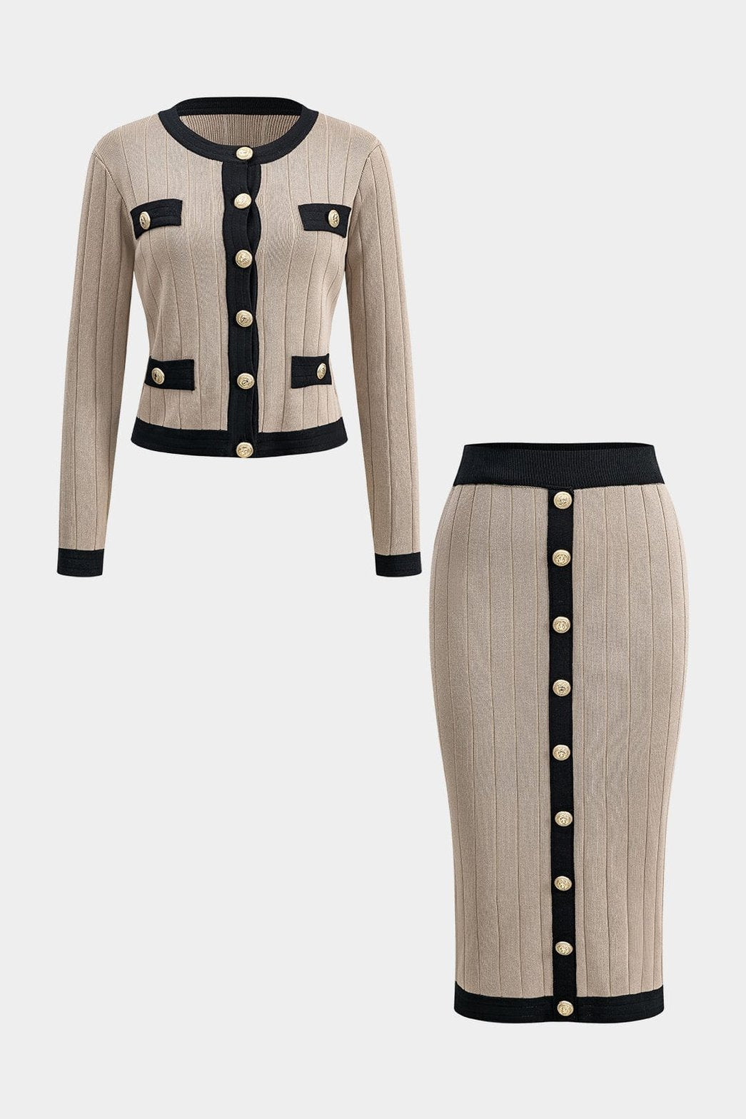 Ensemble cardigan et jupe beige élégant soleil