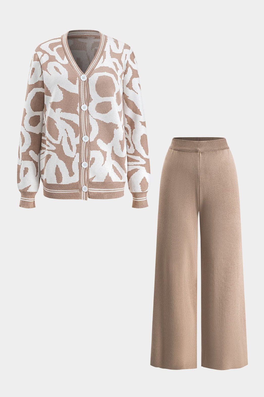 Ensemble cardigan motif abstrait et pantalon beige harmonie