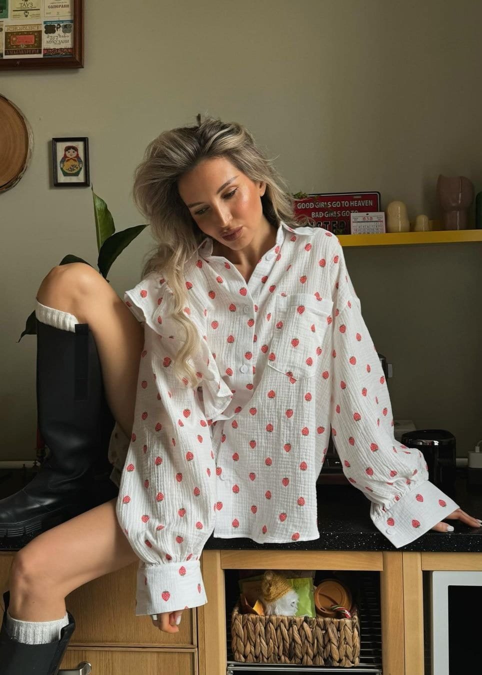 Ensemble Chemise et Short Motif Fraises