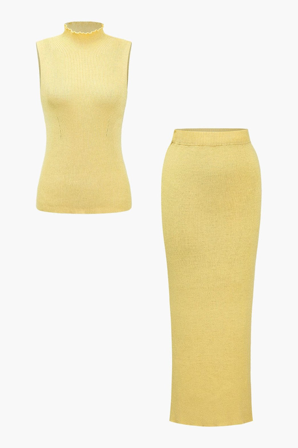 Ensemble maille côtelée jaune pastel vue avant soleil