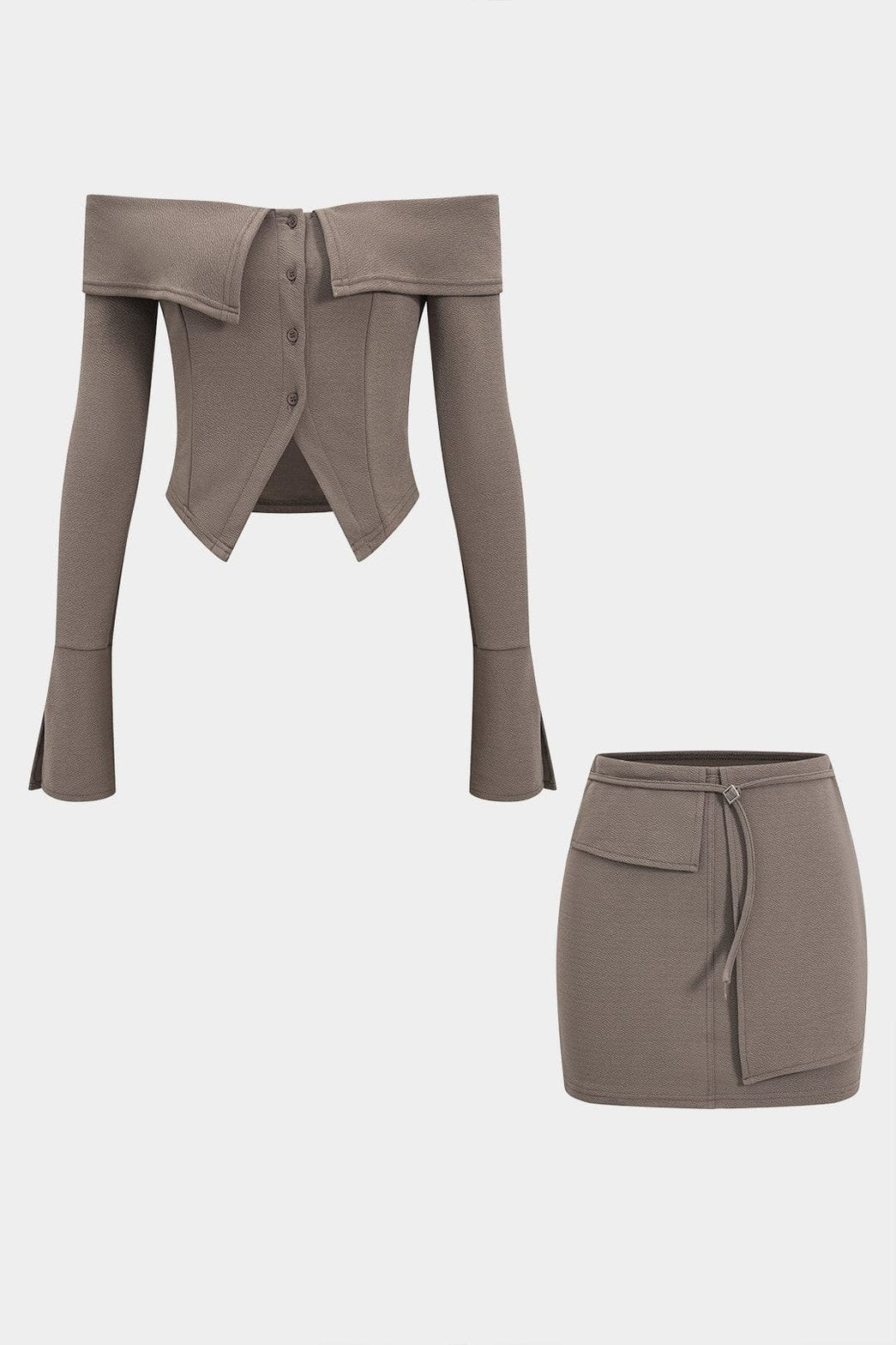 Ensemble jupe et top épaules nues gris élégant lumière