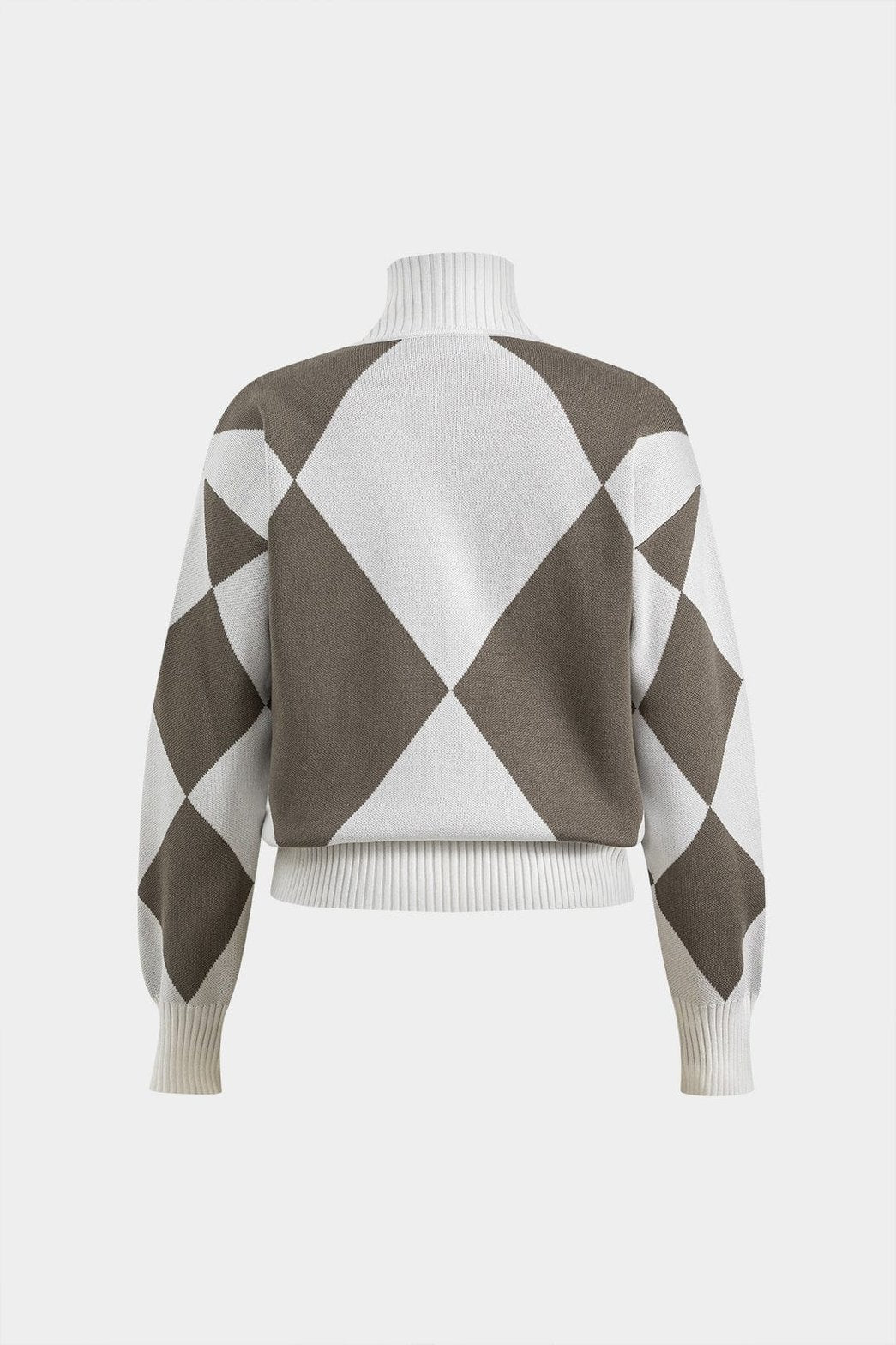 Ensemble tricot col roulé motif losanges bicolore vue arrière élégance
