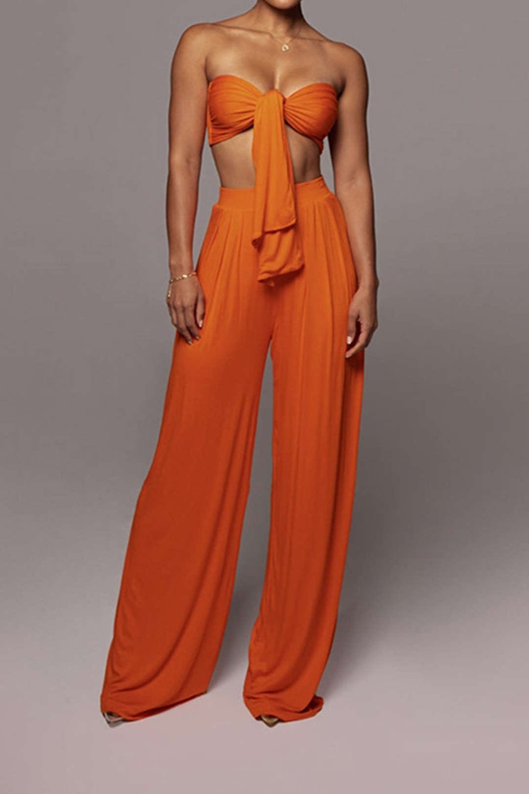 Ensemble Crop Top Bandeau et Pantalon Large Terracotta