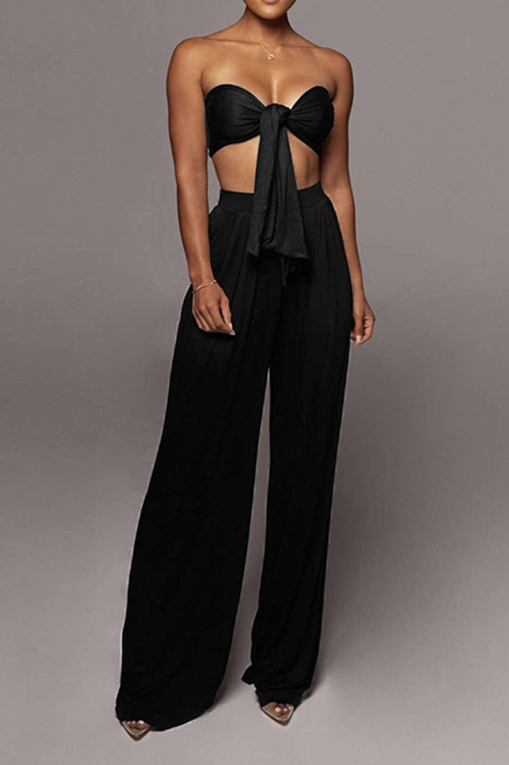 Ensemble Crop Top Bandeau et Pantalon Large Terracotta