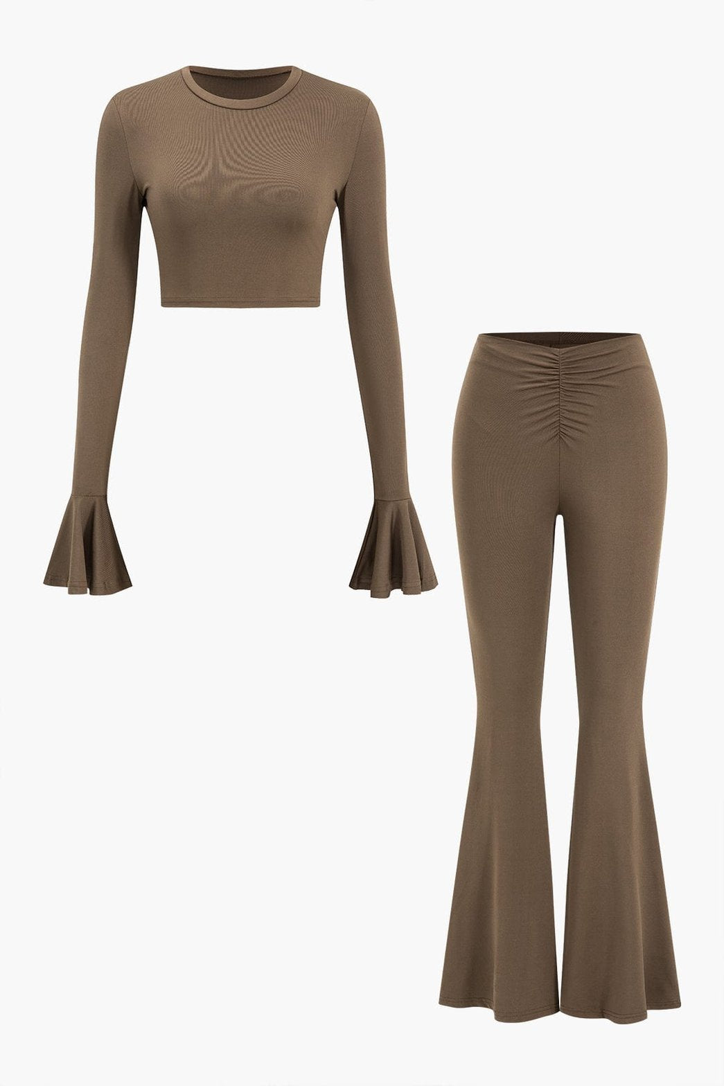 Ensemble crop top manches volantées et pantalon évasé marron douceur