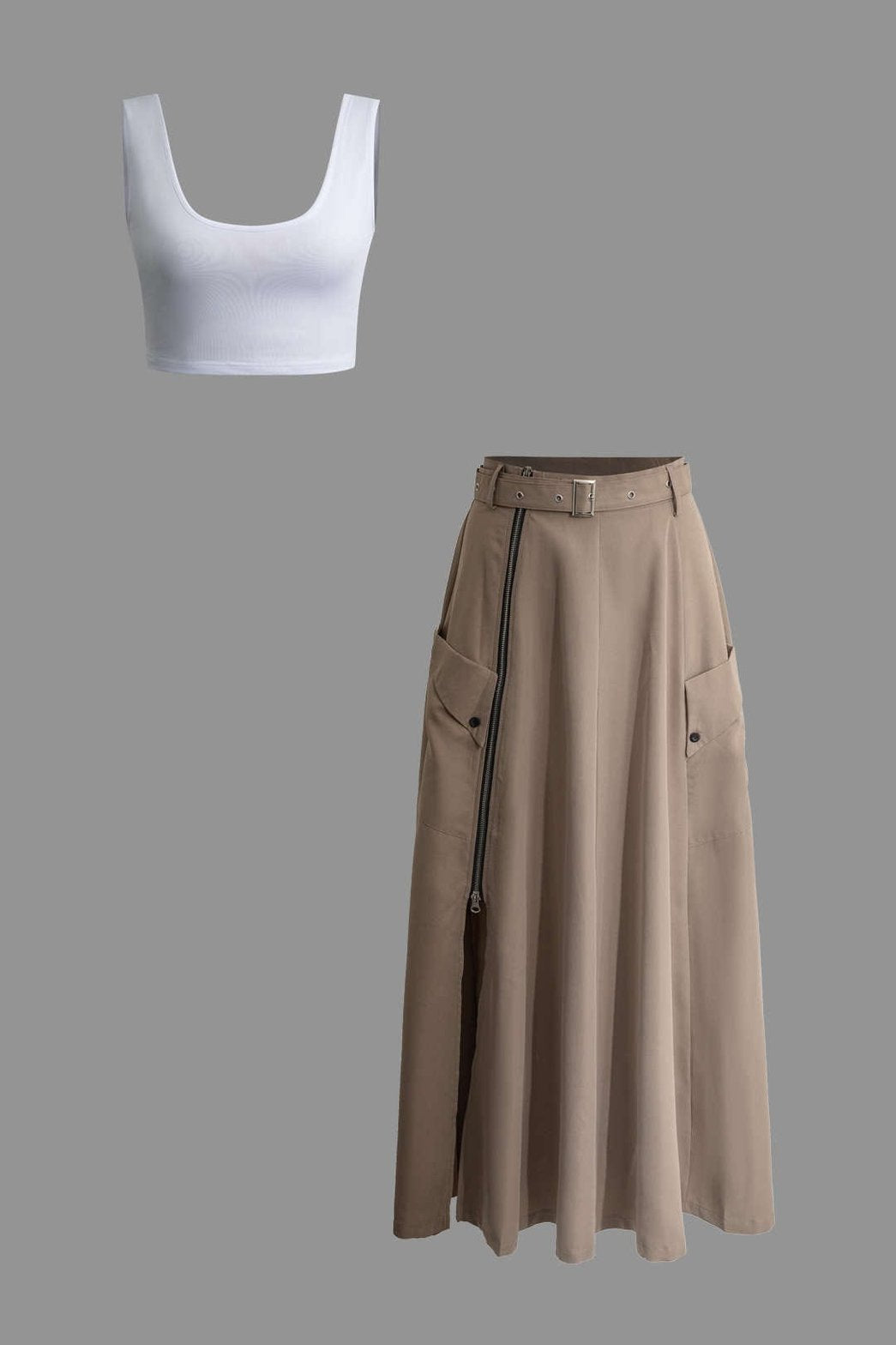 Ensemble débardeur blanc et jupe beige élégant soleil