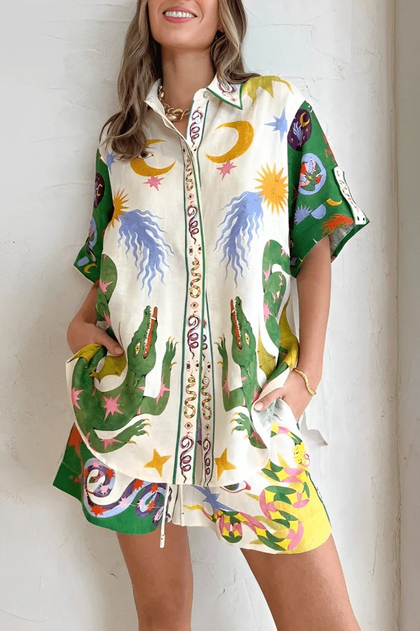 Ensemble deux pièces satin imprimé étoile