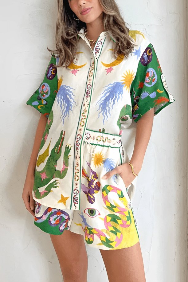 Ensemble deux pièces satin imprimé fantaisie soleil