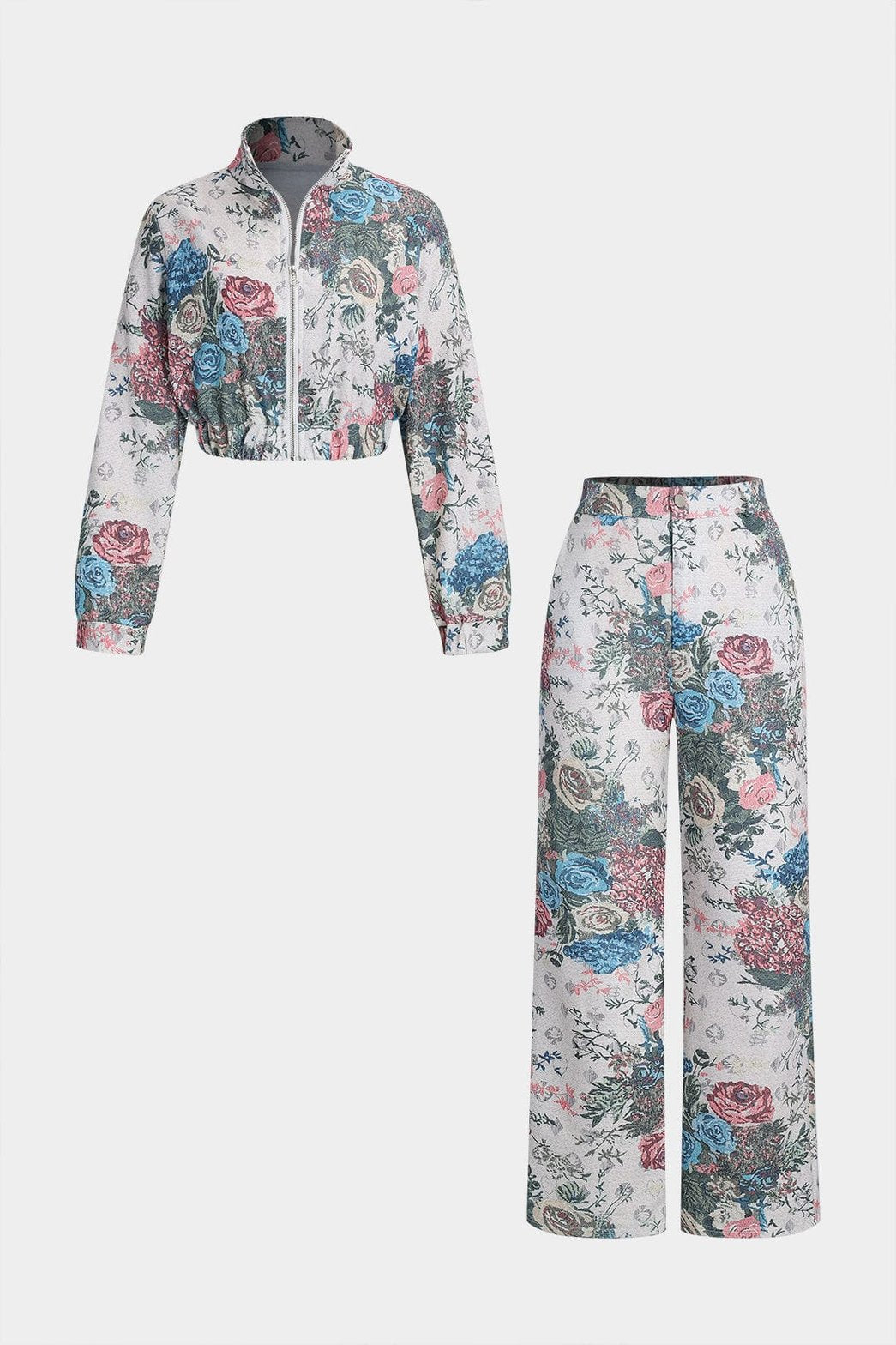Ensemble fleuri veste courte et pantalon rose bleu douceur