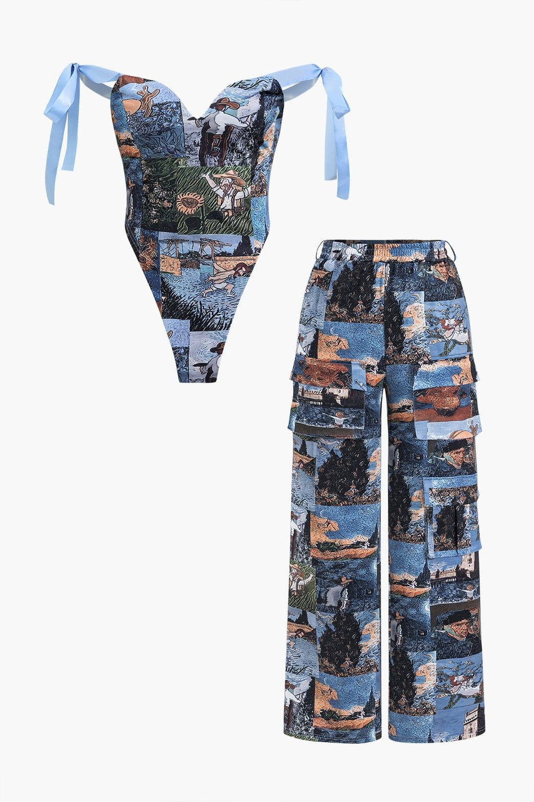 Ensemble coordonné motif artistique bleu doux