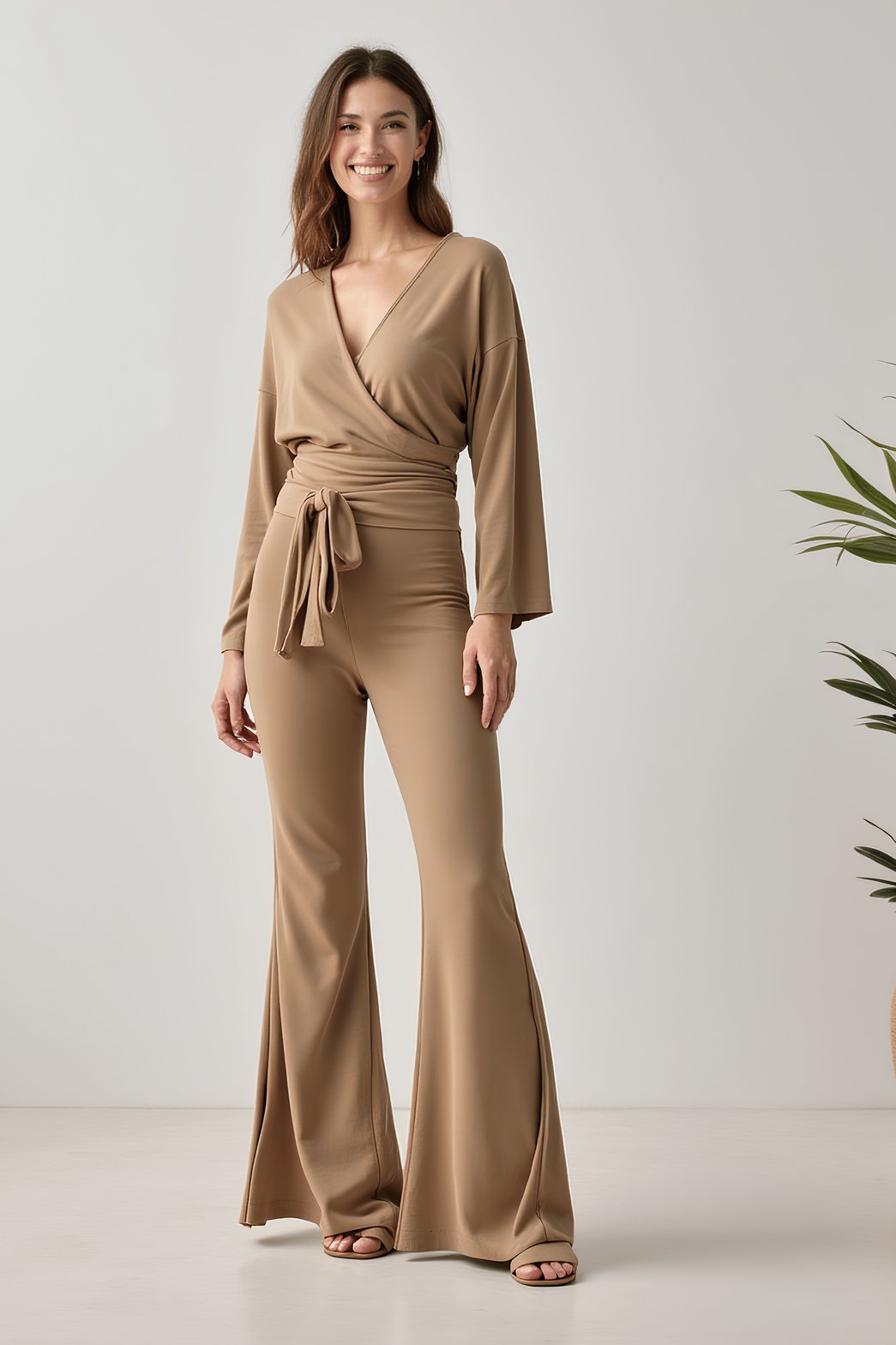 Ensemble caramel cache-cœur avec pantalon évasé douceur