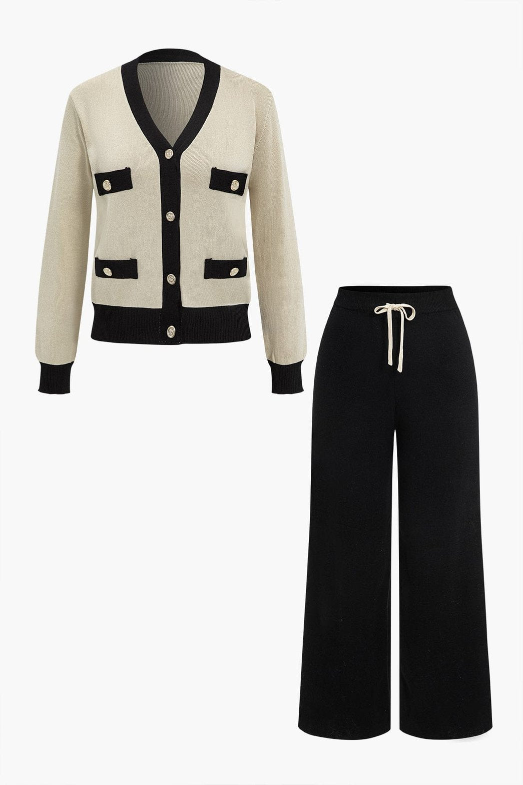 Ensemble cardigan beige et noir élégant douceur