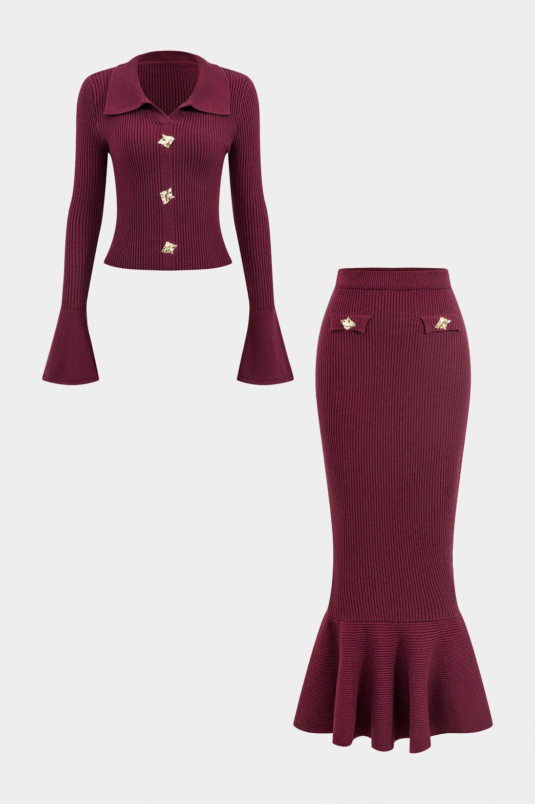 Ensemble bordeaux en maille côtelée harmonie