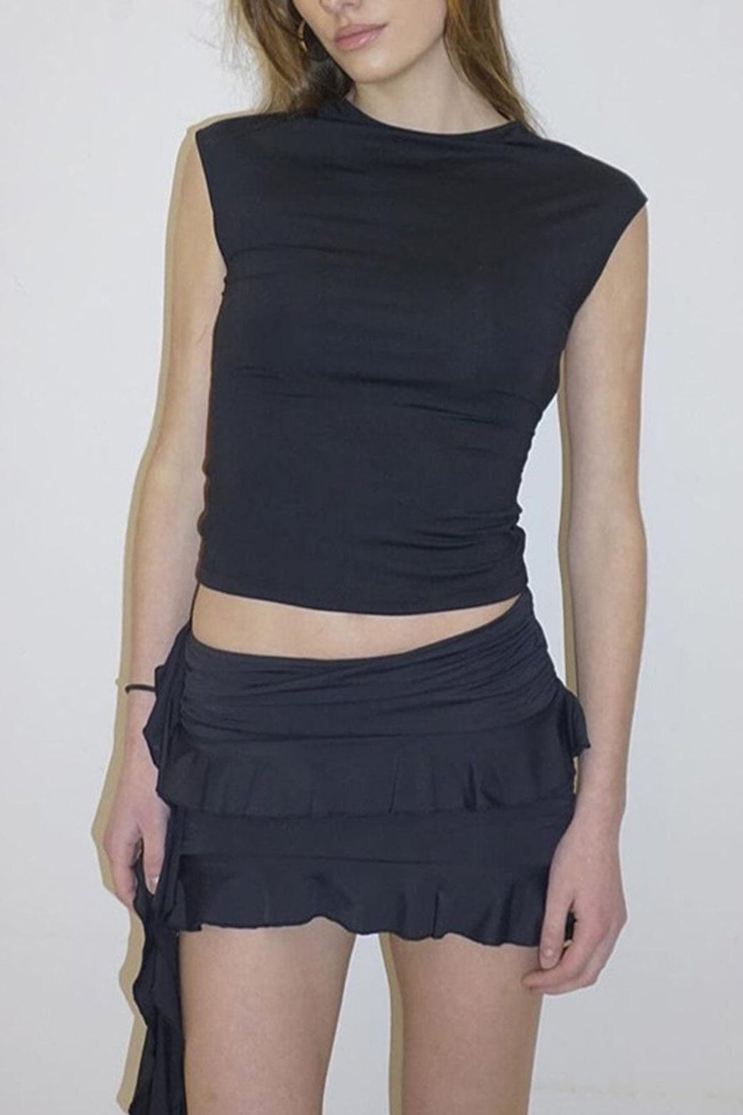 Ensemble top dos nu et jupe volantée vue complète rose