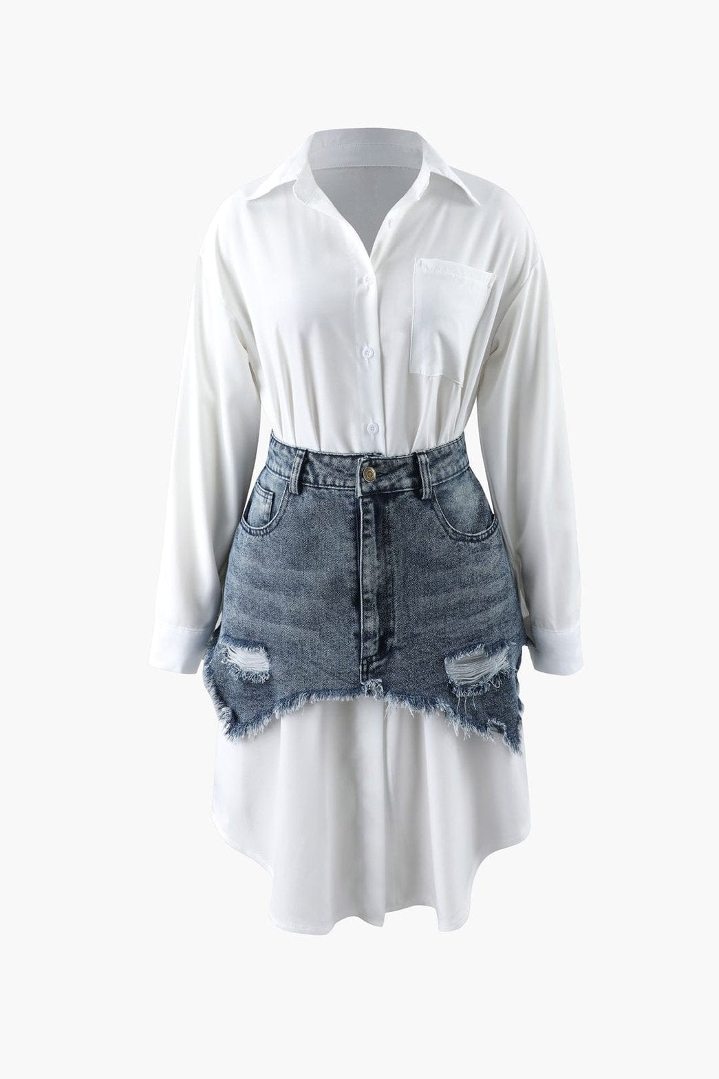 Vue de face ensemble robe chemise et corset denim chic