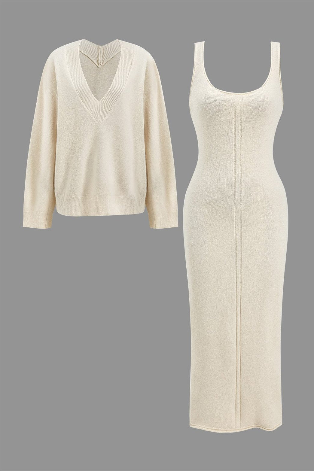 Ensemble robe longue tricot beige élégant soleil