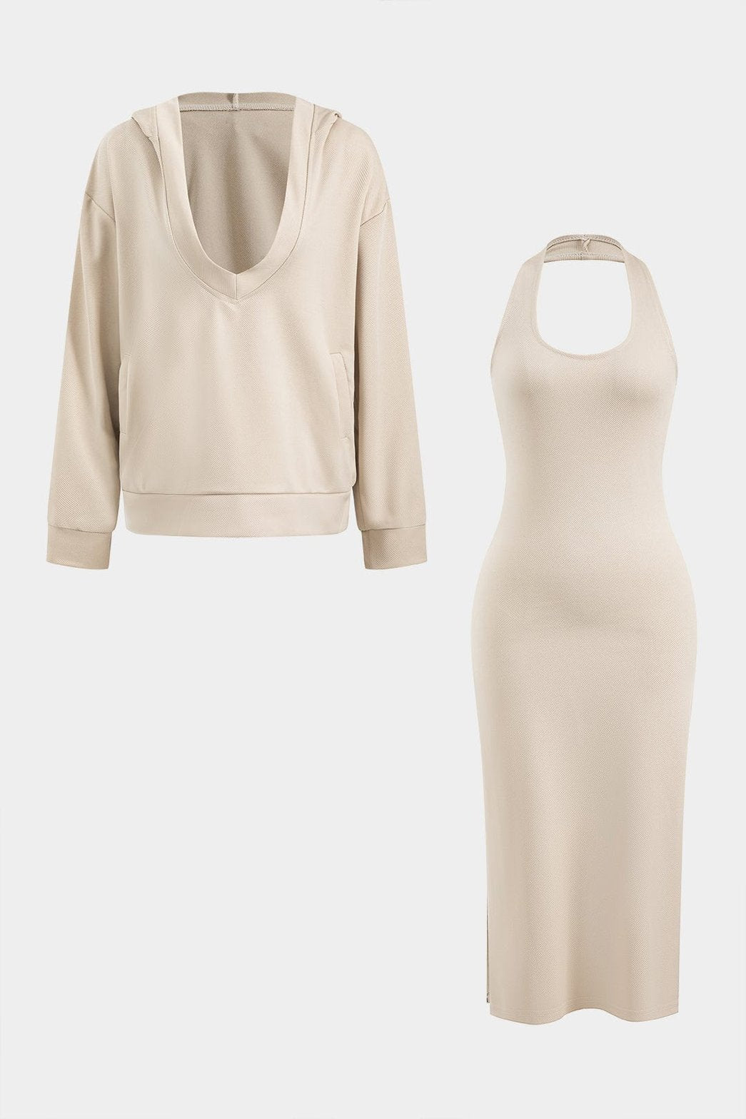 Ensemble robe dos-nu beige avec sweat capuche doux