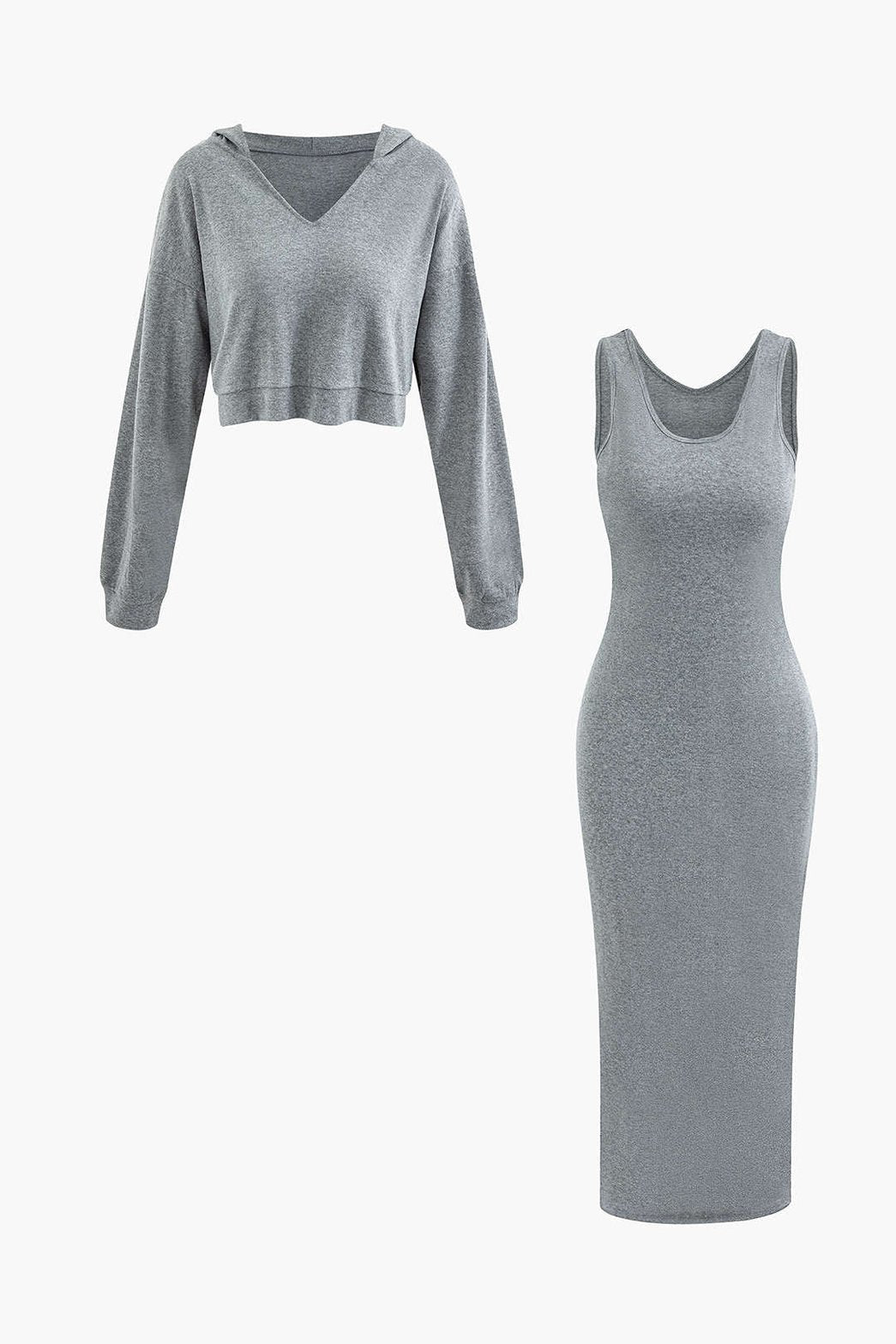 Ensemble gris robe longue et sweat à capuche doux
