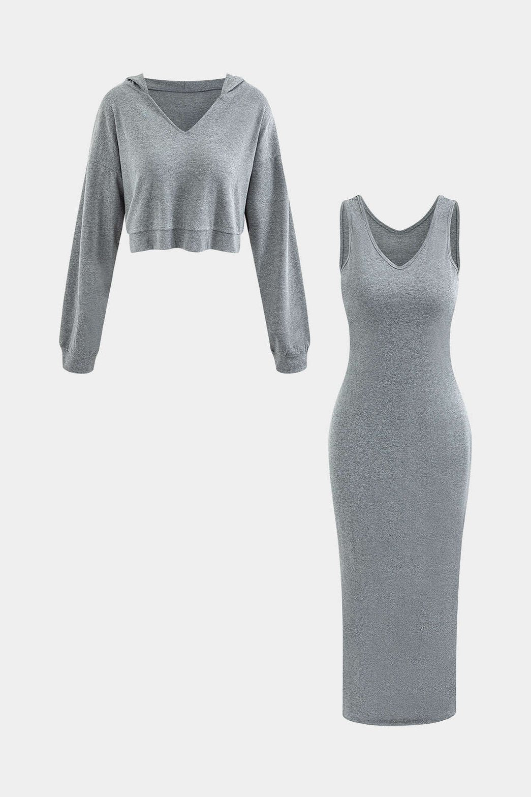 Ensemble gris avec top court et robe longue moulante douceur
