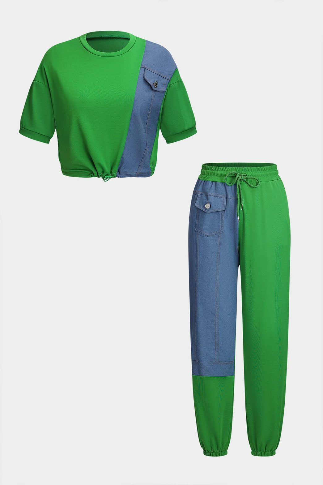 Ensemble patchwork vert et denim vue avant soleil