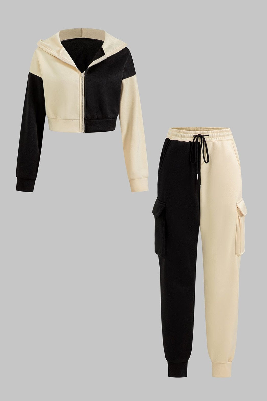 Ensemble sportswear bicolore noir et beige harmonie