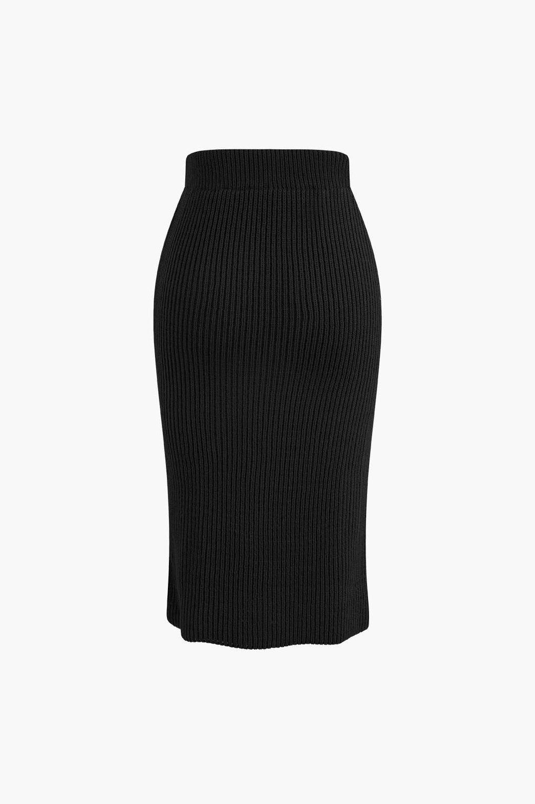 Ensemble Tricot Côtelé Pull Col V et Jupe