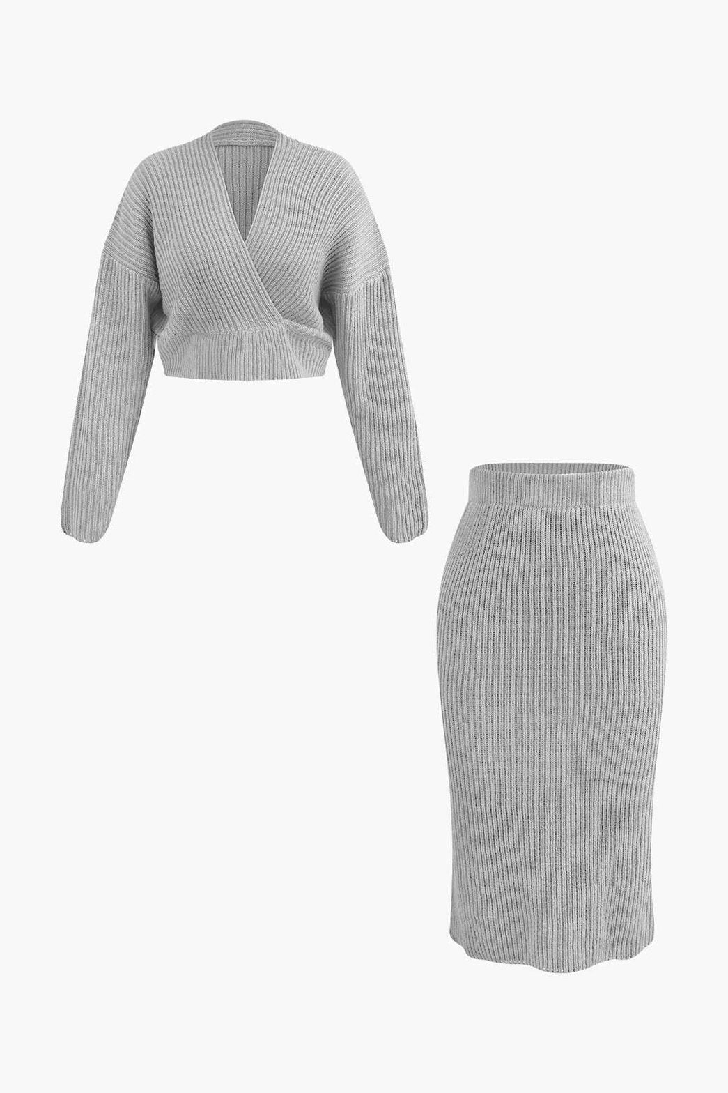 Ensemble Tricot Côtelé Pull Col V et Jupe