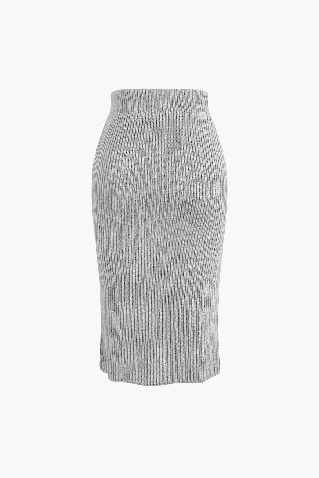 Ensemble Tricot Côtelé Pull Col V et Jupe