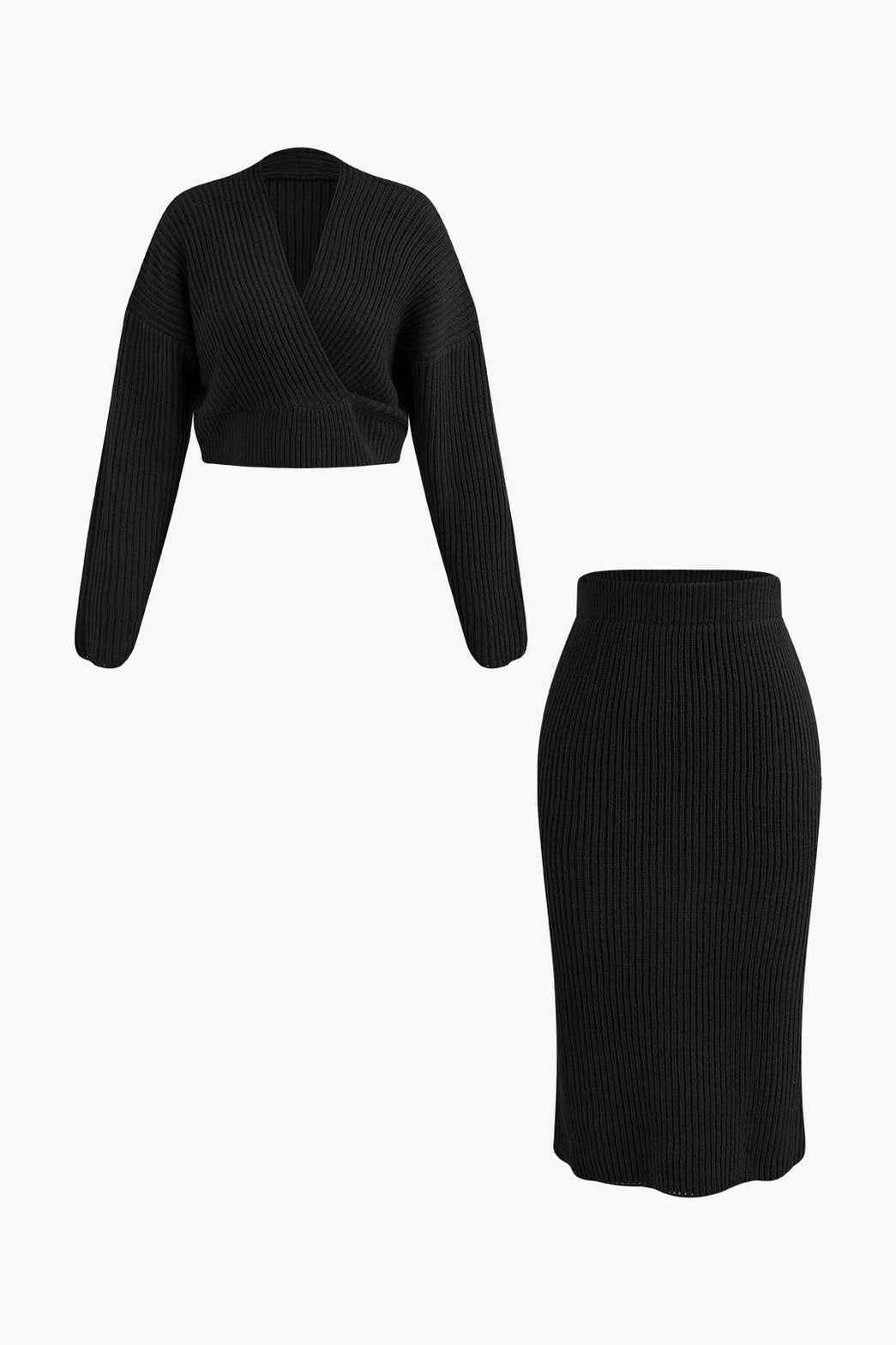 Ensemble Tricot Côtelé Pull Col V et Jupe