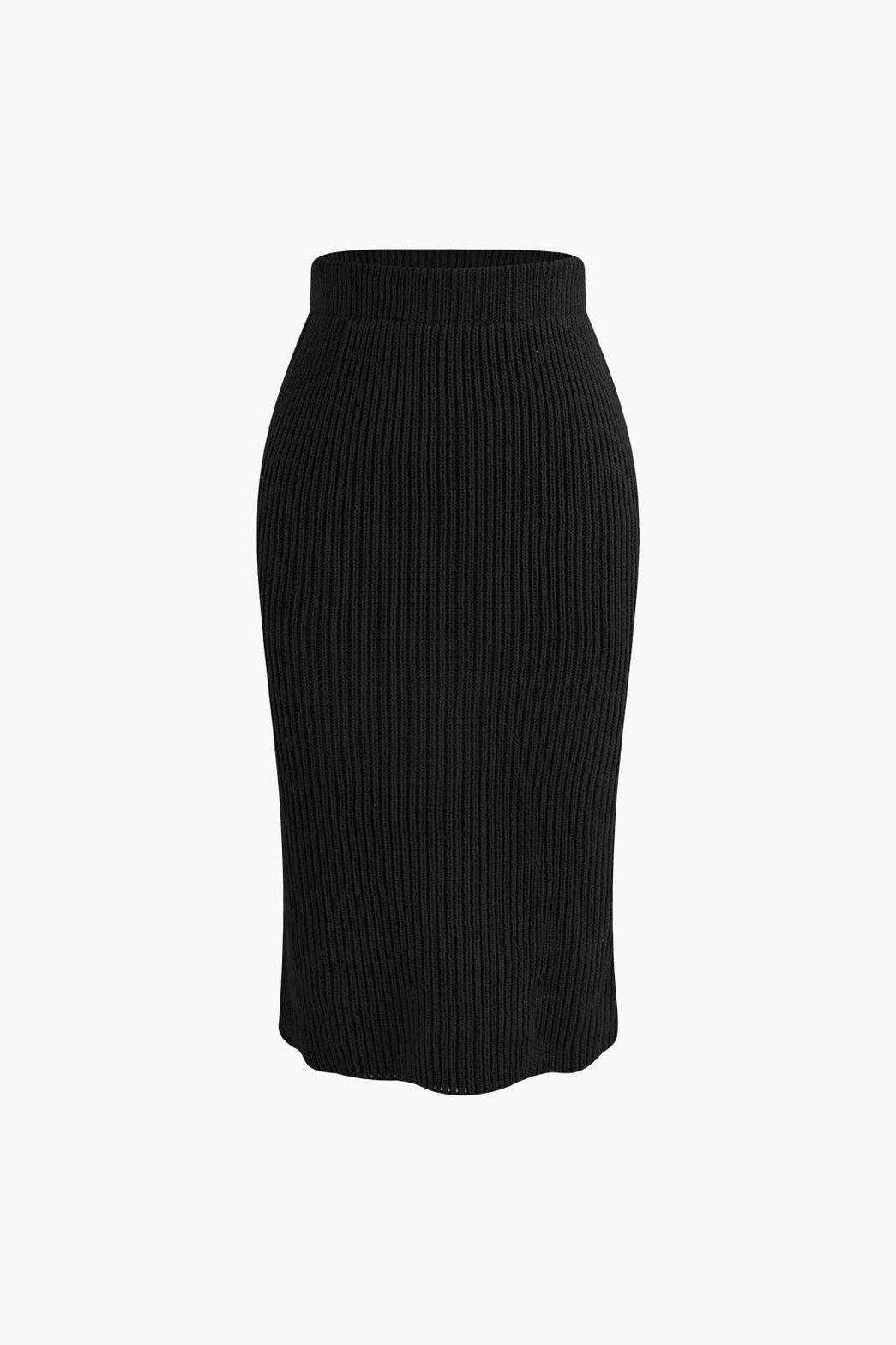 Ensemble Tricot Côtelé Pull Col V et Jupe