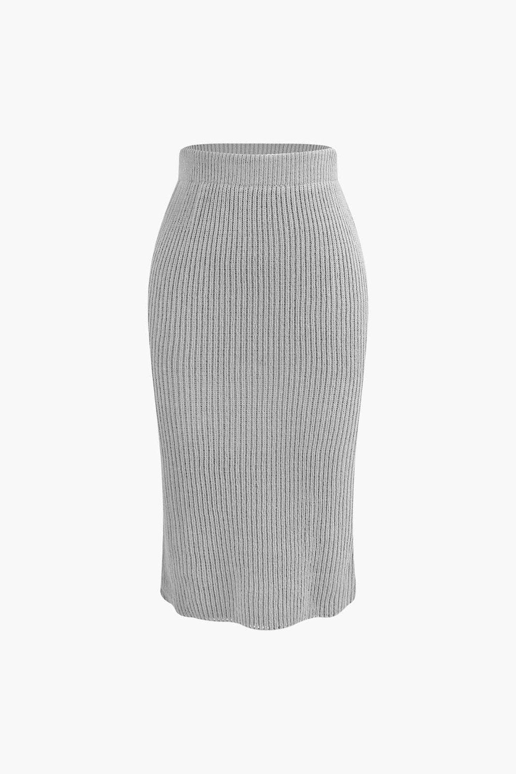 Ensemble Tricot Côtelé Pull Col V et Jupe