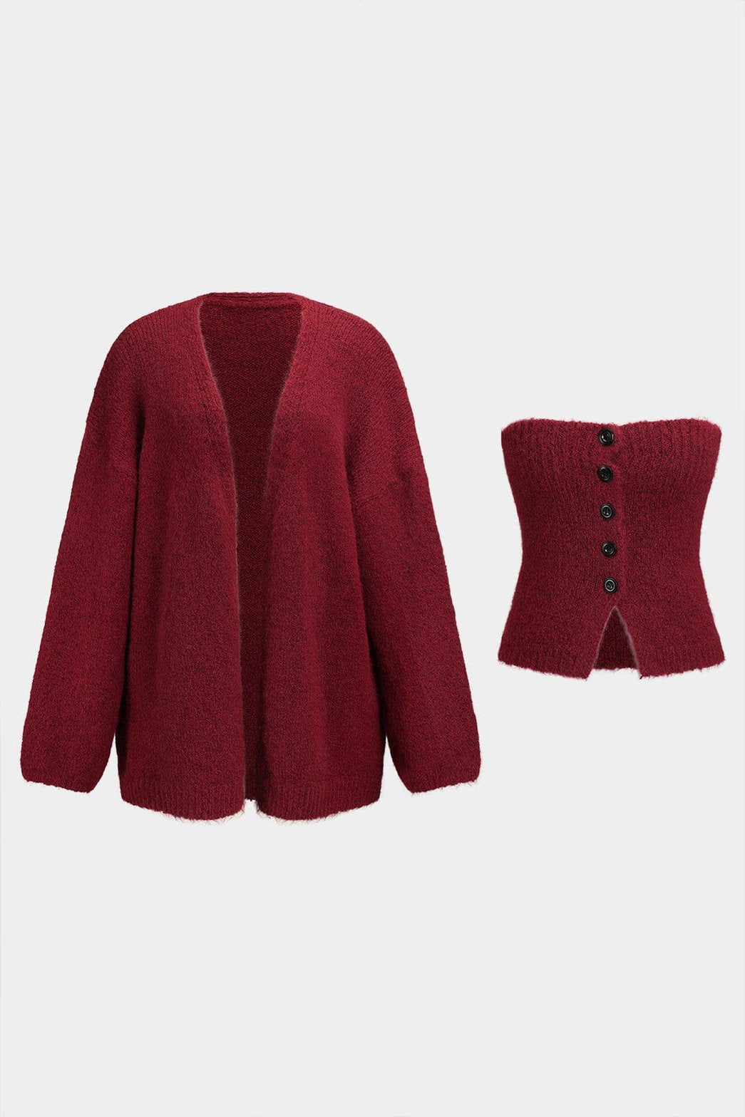Ensemble tricoté bordeaux cardigan et top bustier élégant papillon