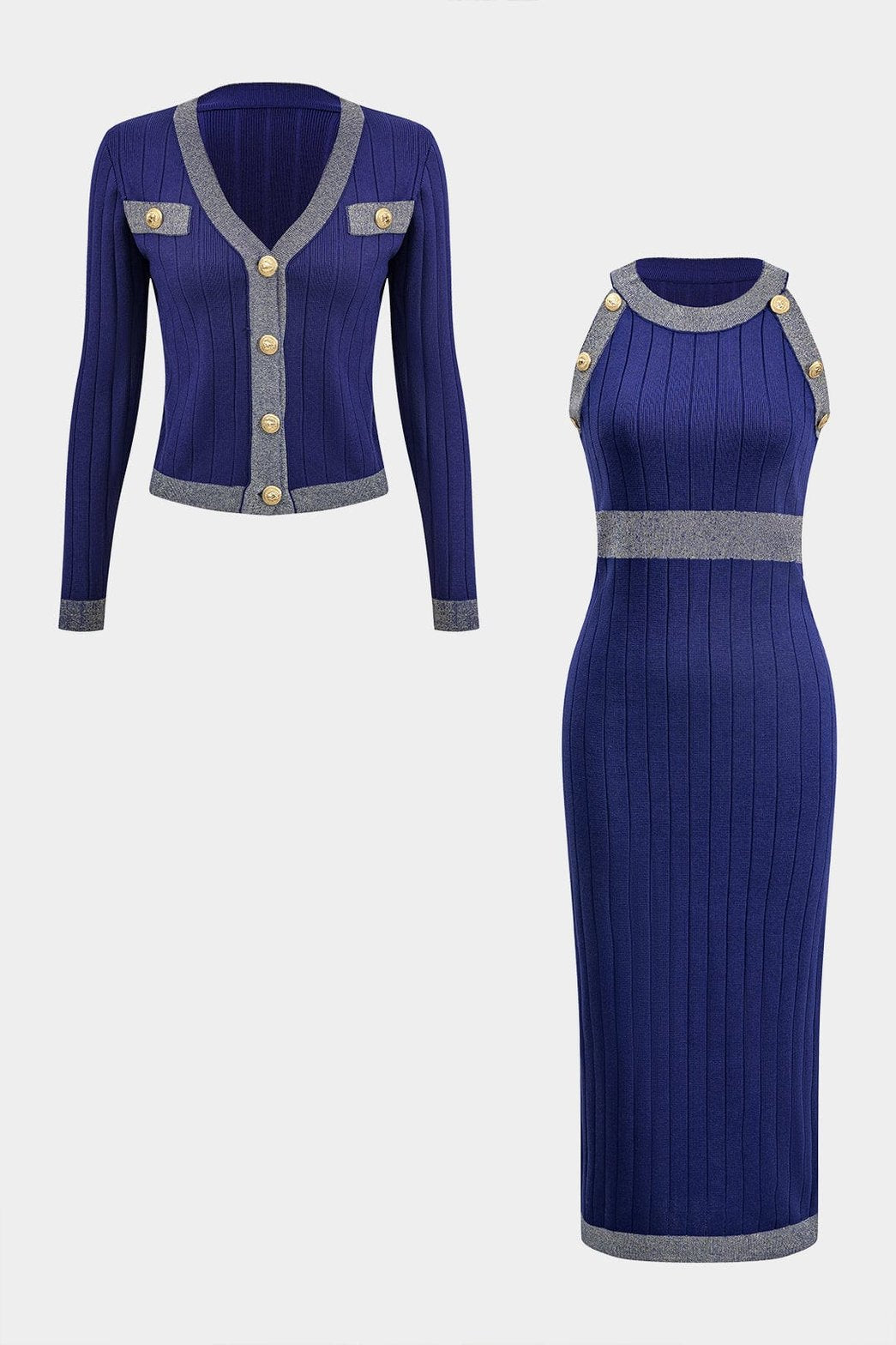 Ensemble tricot bleu marine et gris élégant douceur