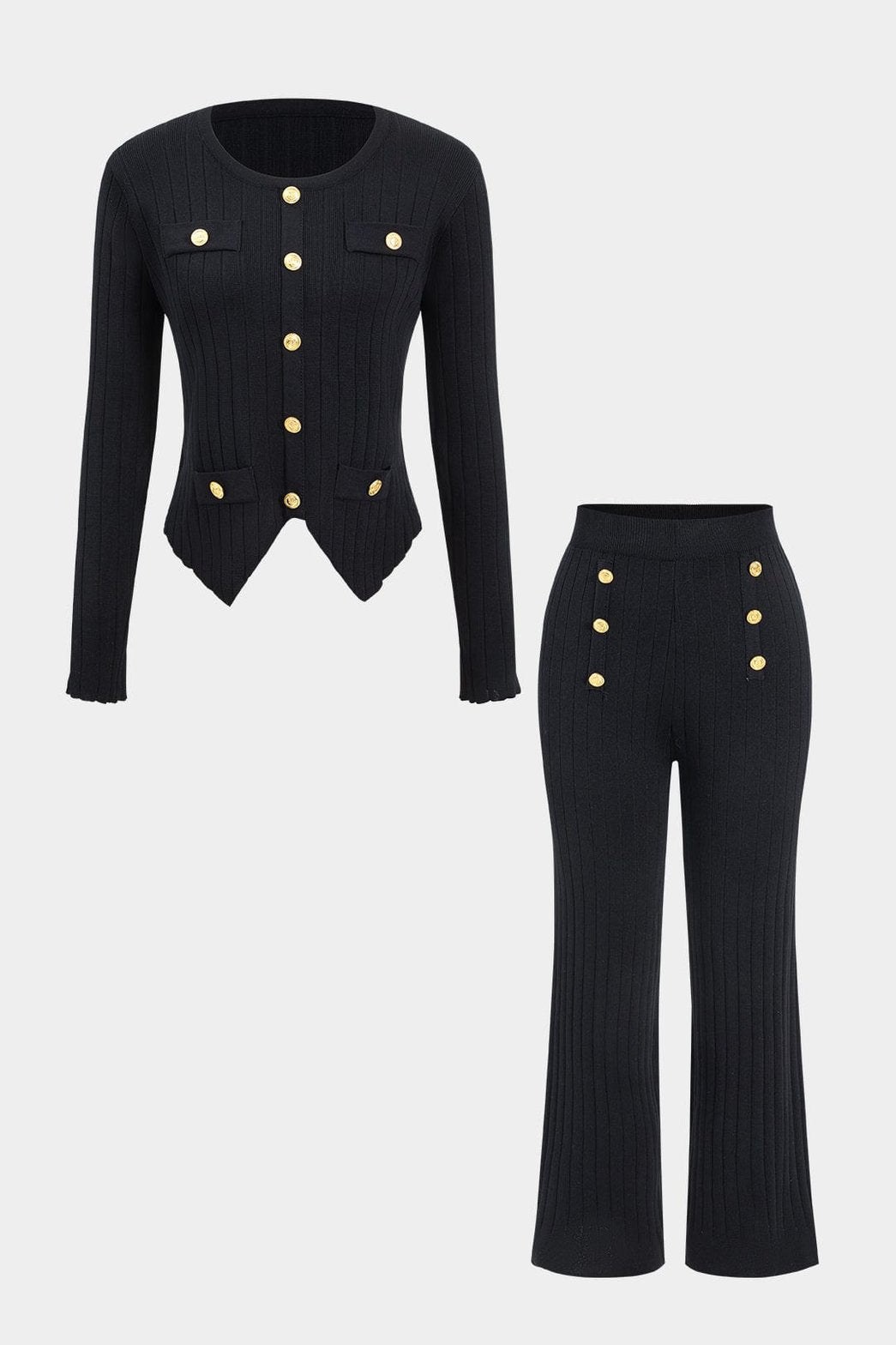 Ensemble tricot noir boutons dorés velours